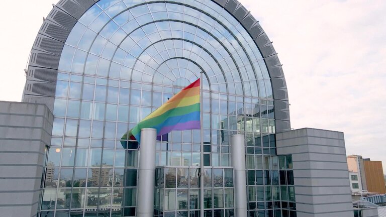 International Day Against Homophobia, Biphobia, Intersexism and Transphobia (IDAHOBIT): Rainbow flags flown at the entrance of the European Parliament buildings in Brussels, Strasbourg and Luxembourg