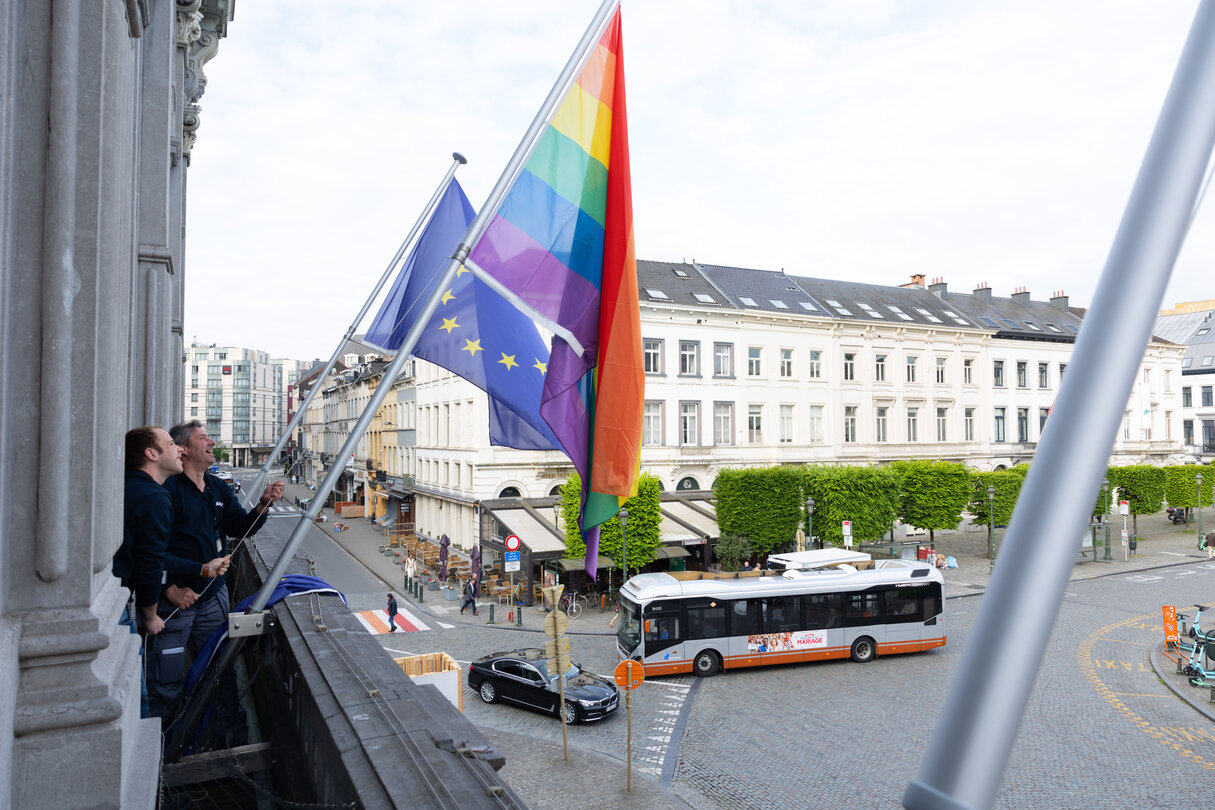 International Day Against Homophobia, Biphobia, Intersexism and Transphobia (IDAHOBIT) - Rainbow flag next to the EP building in Brussels